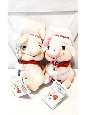 Vintage Chef Pigerre Plush Stuffed Pigs 1982 With Whisk Taiwan Apron Lot Of 2